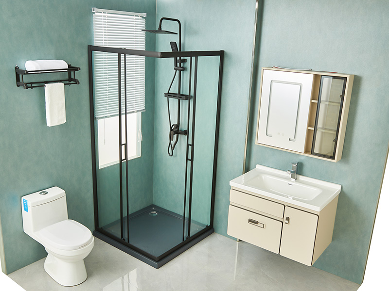 SQ skyve dusjkabinett, klart herdet glass, svart aluminiumsprofil, håndtak med doble hull, med brett SQ skyve dusjkabinett, klart herdet glass, svart aluminiumsprofil, håndtak med doble hull, med brett