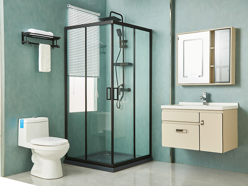 SQ skyve dusjkabinett, klart herdet glass, svart aluminiumsprofil, håndtak med doble hull, med brett SQ skyve dusjkabinett, klart herdet glass, svart aluminiumsprofil, håndtak med doble hull, med brett