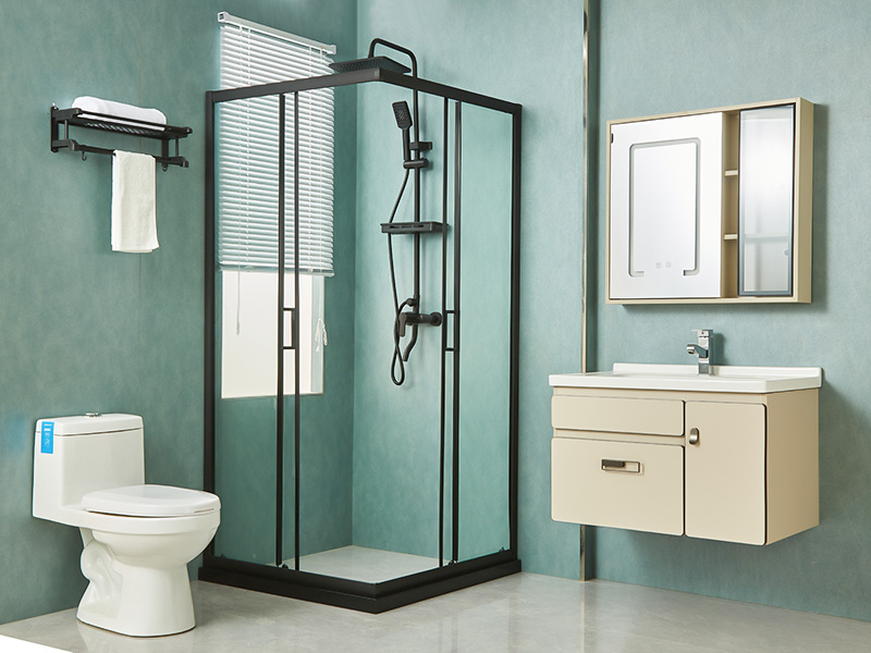 SQ skyve dusjkabinett, klart herdet glass, svart aluminiumsprofil, håndtak med doble hull, med brett SQ skyve dusjkabinett, klart herdet glass, svart aluminiumsprofil, håndtak med doble hull, med brett