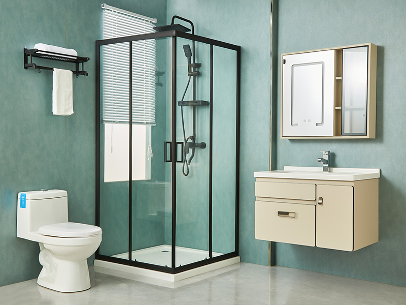 SQ skyve dusjkabinett, klart herdet glass, svart aluminiumsprofil, håndtak med doble hull, med brett SQ skyve dusjkabinett, klart herdet glass, svart aluminiumsprofil, håndtak med doble hull, med brett