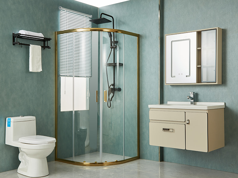 SE skyve dusjkabinett, klart herdet glass, gull aluminiumsprofil, doble hull håndtak, uten brett SE skyve dusjkabinett, klart herdet glass, gull aluminiumsprofil, doble hull håndtak, uten brett