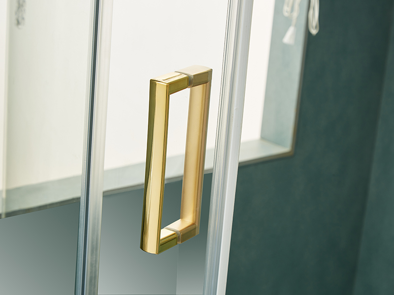 SE skyve dusjkabinett, klart herdet glass, gull aluminiumsprofil, doble hull håndtak, uten brett SE skyve dusjkabinett, klart herdet glass, gull aluminiumsprofil, doble hull håndtak, uten brett