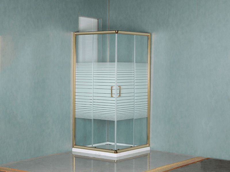 SQUARE skyve dusjkabinett, klart herdet glass med trykk, gull aluminiumsprofil, doble hull håndtak, med brett