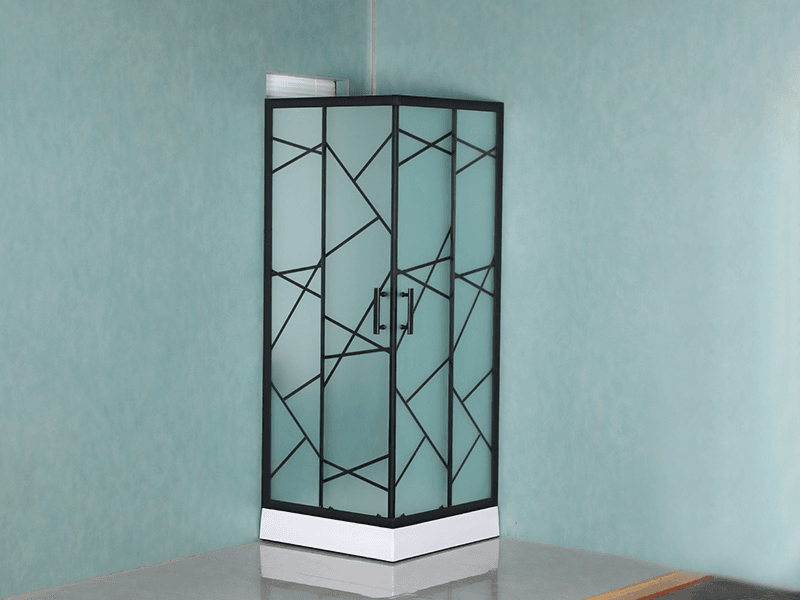 SQ dusjkabinett med skyvedører, matt herdet glass med trykk, svart aluminiumsprofil, håndtak med doble hull, med brett
