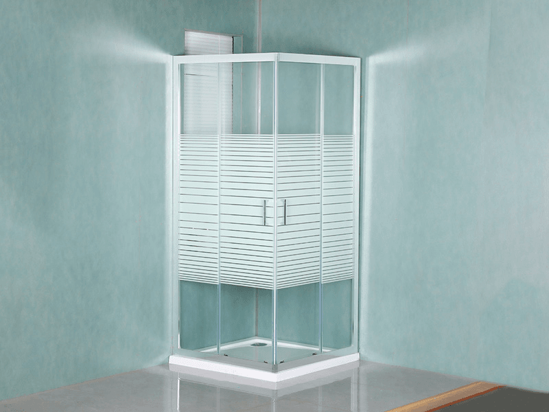SQUARE skyve dusjkabinett, klart herdet glass med trykk, hvit aluminiumsprofil, doble hull håndtak, med brett