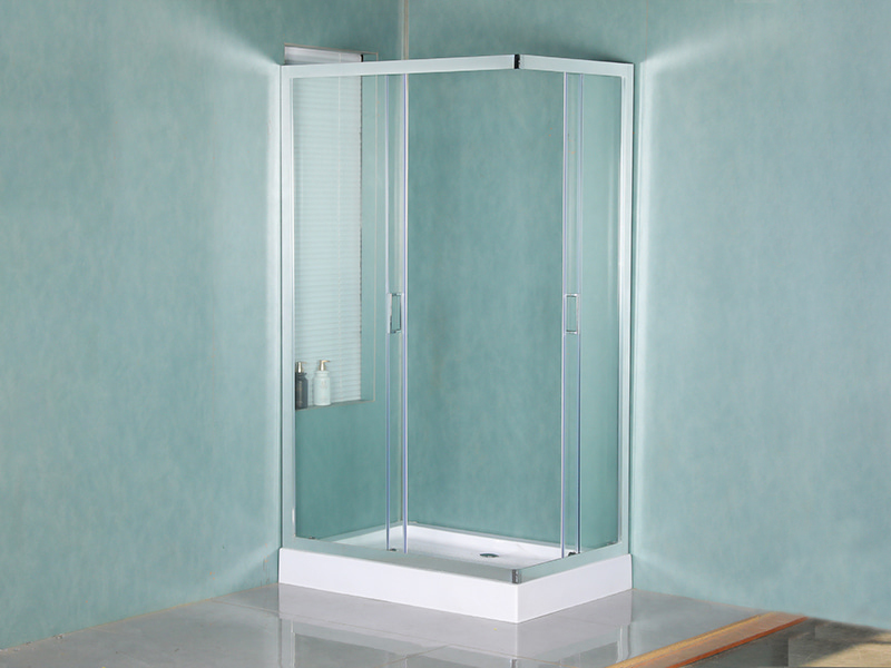 RE skyve dusjkabinett, klart herdet glass, krom aluminiumsprofil, håndtak med doble hull, med brett